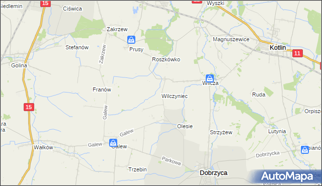 mapa Wilczyniec gmina Jarocin, Wilczyniec gmina Jarocin na mapie Targeo