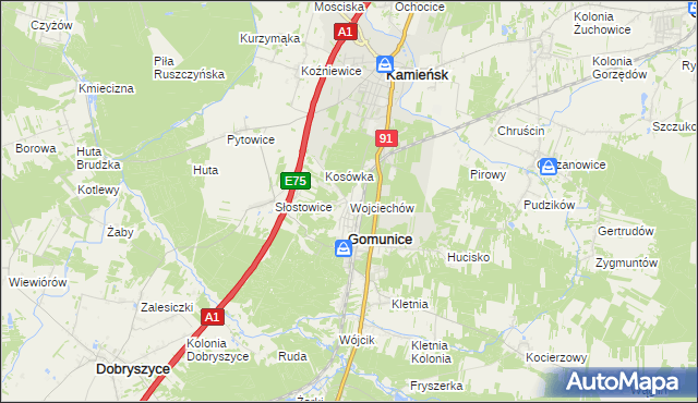 mapa Wojciechów gmina Gomunice, Wojciechów gmina Gomunice na mapie Targeo
