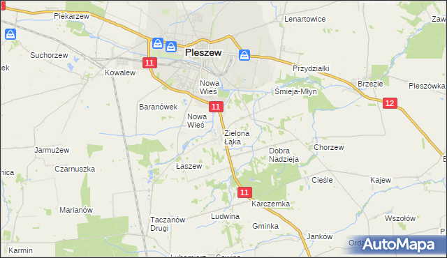 mapa Zielona Łąka gmina Pleszew, Zielona Łąka gmina Pleszew na mapie Targeo