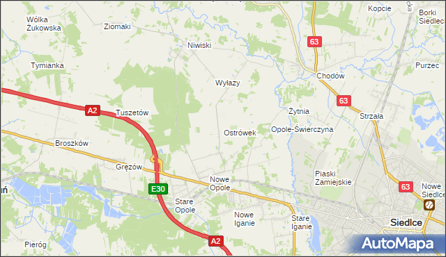 mapa Ostrówek gmina Siedlce, Ostrówek gmina Siedlce na mapie Targeo