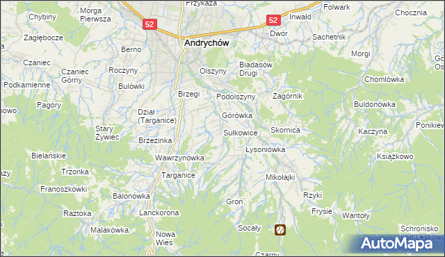 mapa Sułkowice gmina Andrychów, Sułkowice gmina Andrychów na mapie Targeo