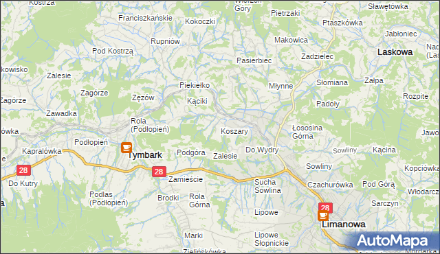 mapa Koszary gmina Limanowa, Koszary gmina Limanowa na mapie Targeo
