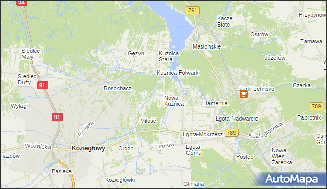 mapa Nowa Kuźnica gmina Koziegłowy, Nowa Kuźnica gmina Koziegłowy na mapie Targeo