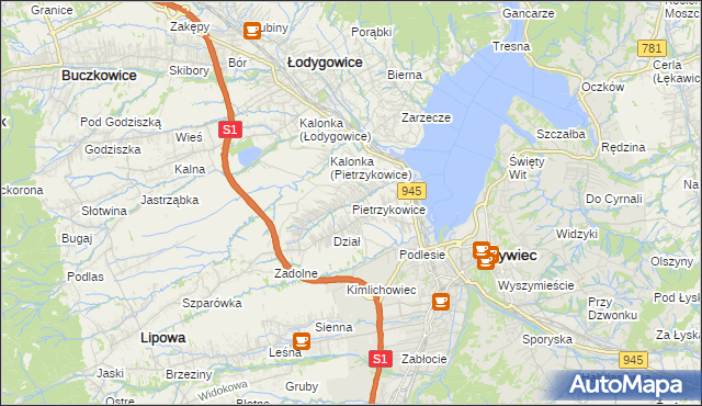 mapa Pietrzykowice gmina Łodygowice, Pietrzykowice gmina Łodygowice na mapie Targeo