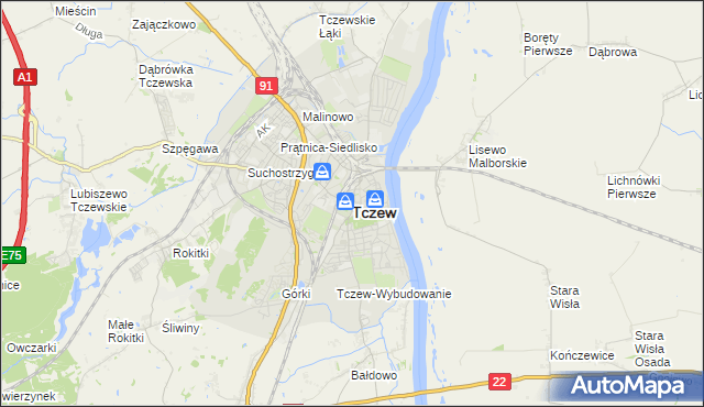 mapa Tczew, Tczew na mapie Targeo