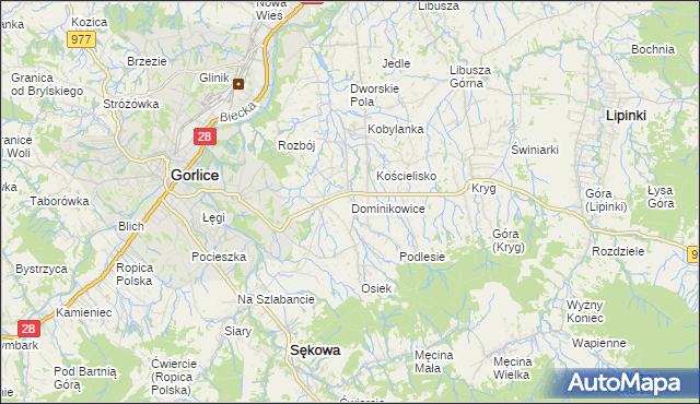 mapa Dominikowice gmina Gorlice, Dominikowice gmina Gorlice na mapie Targeo