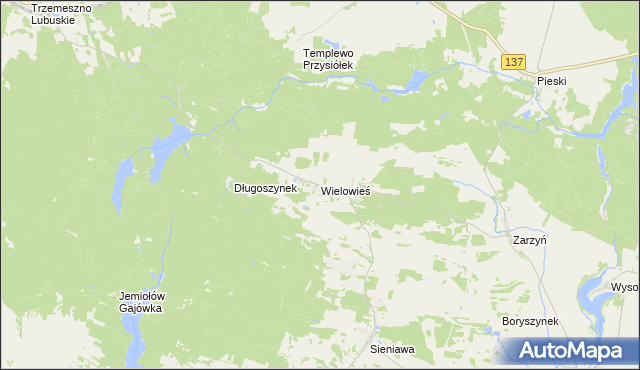 mapa Wielowieś gmina Sulęcin, Wielowieś gmina Sulęcin na mapie Targeo