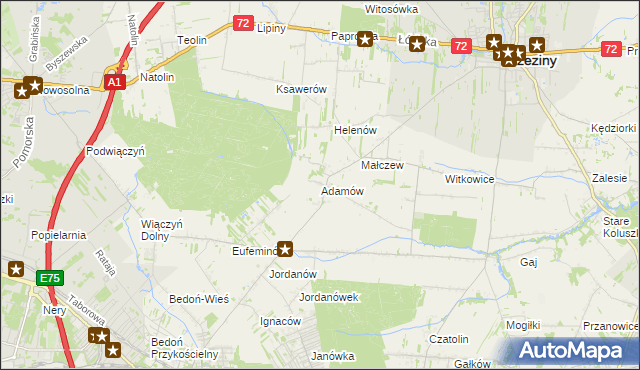 mapa Adamów gmina Brzeziny, Adamów gmina Brzeziny na mapie Targeo