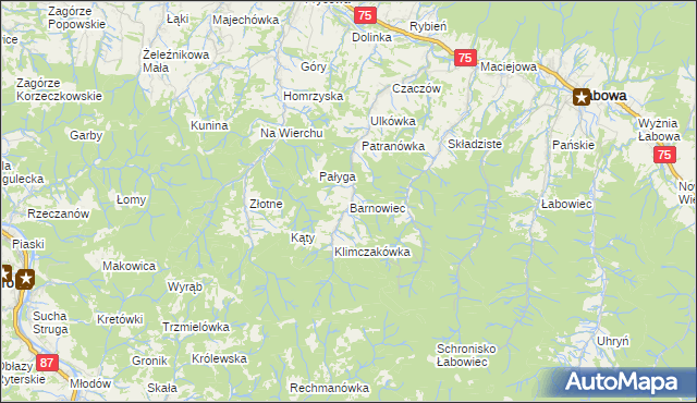 mapa Barnowiec gmina Łabowa, Barnowiec gmina Łabowa na mapie Targeo