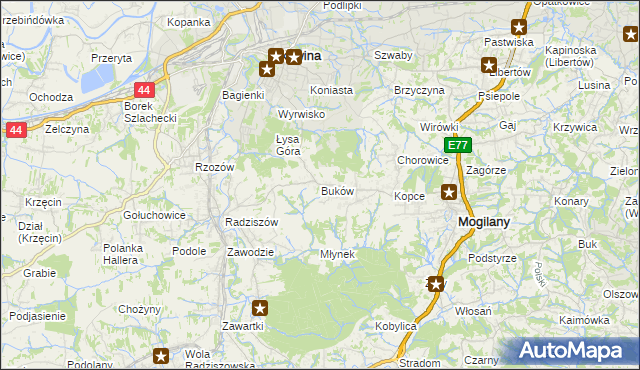 mapa Buków gmina Mogilany, Buków gmina Mogilany na mapie Targeo