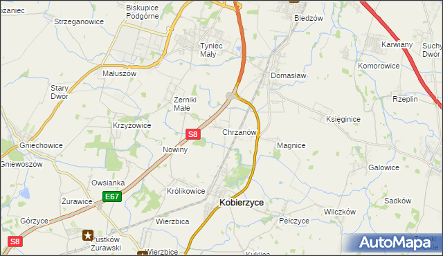 mapa Chrzanów gmina Kobierzyce, Chrzanów gmina Kobierzyce na mapie Targeo