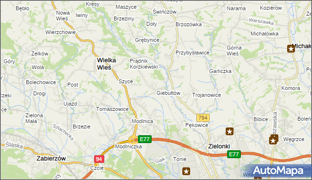 mapa Giebułtów gmina Wielka Wieś, Giebułtów gmina Wielka Wieś na mapie Targeo