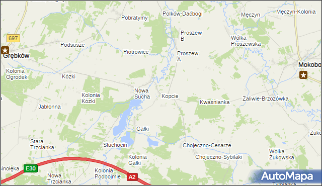 mapa Kopcie gmina Grębków, Kopcie gmina Grębków na mapie Targeo