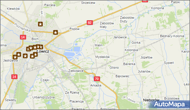 mapa Mysłaków gmina Nieborów, Mysłaków gmina Nieborów na mapie Targeo