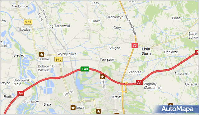 mapa Pawęzów gmina Lisia Góra, Pawęzów gmina Lisia Góra na mapie Targeo