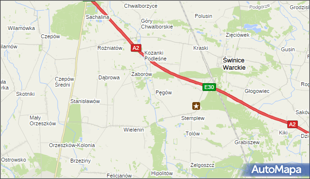mapa Pęgów gmina Uniejów, Pęgów gmina Uniejów na mapie Targeo