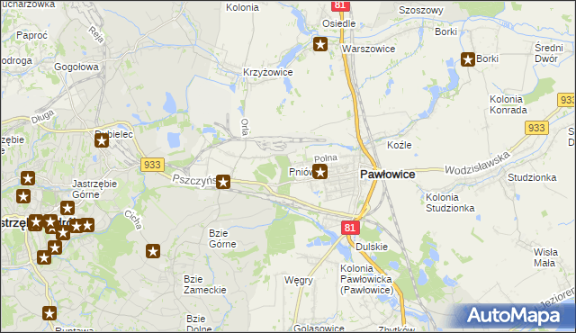 mapa Pniówek gmina Pawłowice, Pniówek gmina Pawłowice na mapie Targeo