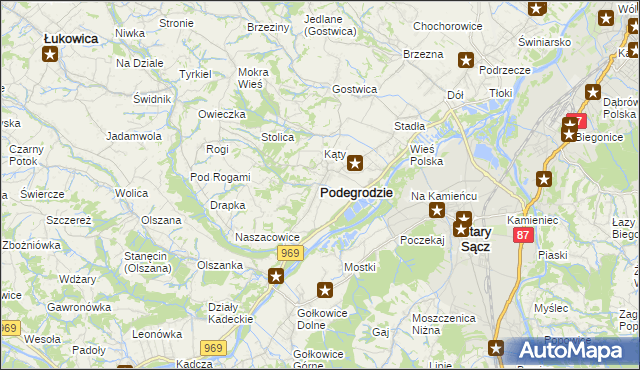 mapa Podegrodzie powiat nowosądecki, Podegrodzie powiat nowosądecki na mapie Targeo