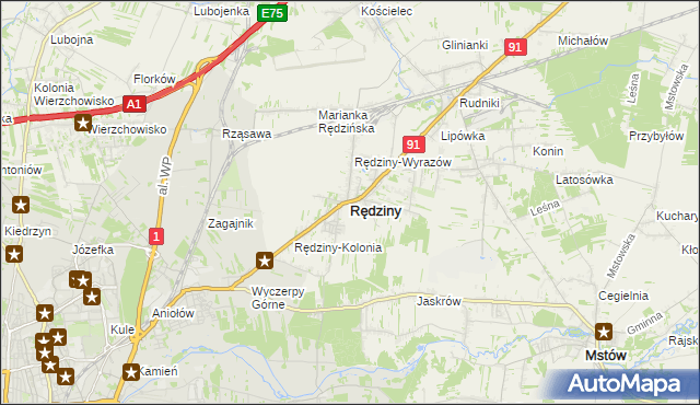 mapa Rędziny powiat częstochowski, Rędziny powiat częstochowski na mapie Targeo