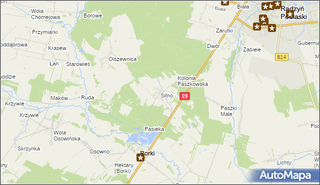 mapa Sitno gmina Borki, Sitno gmina Borki na mapie Targeo