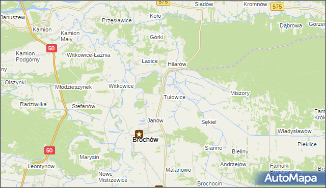 mapa Tułowice gmina Brochów, Tułowice gmina Brochów na mapie Targeo