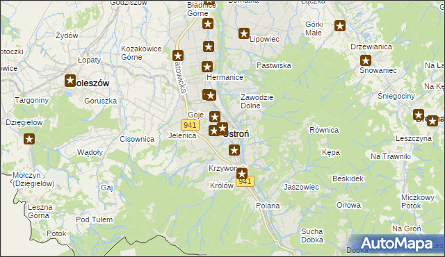 mapa Ustroń powiat cieszyński, Ustroń powiat cieszyński na mapie Targeo