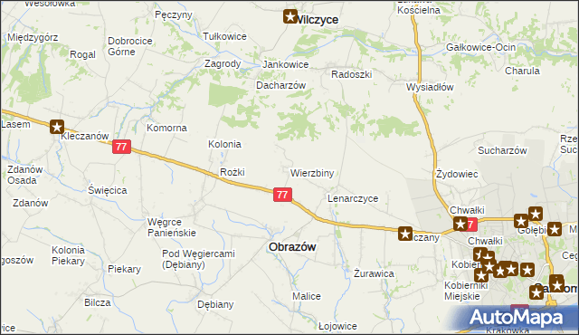 mapa Wierzbiny gmina Obrazów, Wierzbiny gmina Obrazów na mapie Targeo
