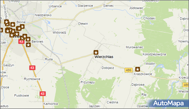 mapa Wierzchlas powiat wieluński, Wierzchlas powiat wieluński na mapie Targeo