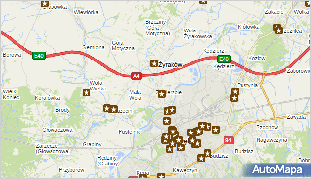 mapa Zawierzbie gmina Żyraków, Zawierzbie gmina Żyraków na mapie Targeo