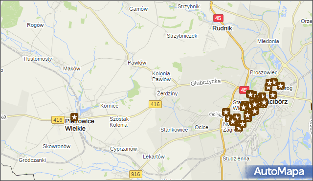 mapa Żerdziny gmina Pietrowice Wielkie, Żerdziny gmina Pietrowice Wielkie na mapie Targeo