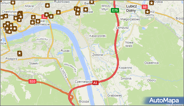mapa Złotoria gmina Lubicz, Złotoria gmina Lubicz na mapie Targeo