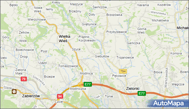 mapa Giebułtów gmina Wielka Wieś, Giebułtów gmina Wielka Wieś na mapie Targeo