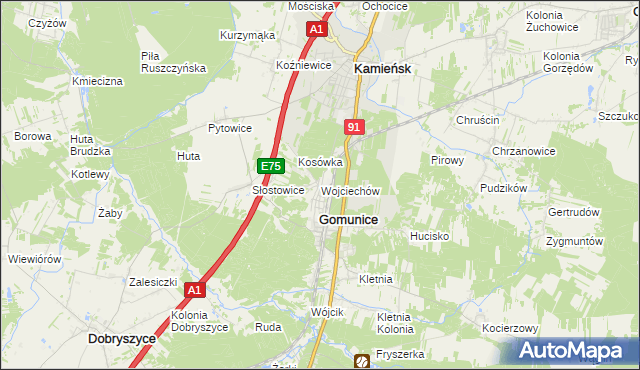 mapa Wojciechów gmina Gomunice, Wojciechów gmina Gomunice na mapie Targeo