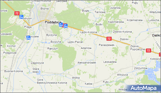 mapa Adamów gmina Poddębice, Adamów gmina Poddębice na mapie Targeo