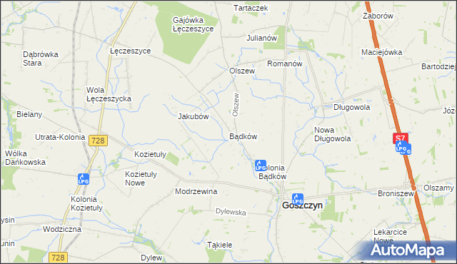 mapa Bądków gmina Goszczyn, Bądków gmina Goszczyn na mapie Targeo