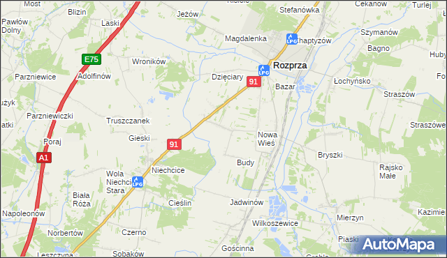 mapa Białocin gmina Rozprza, Białocin gmina Rozprza na mapie Targeo