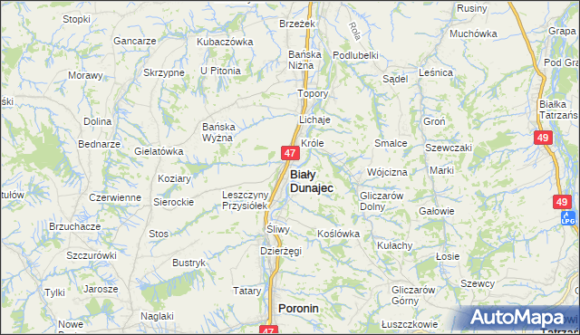 mapa Biały Dunajec, Biały Dunajec na mapie Targeo