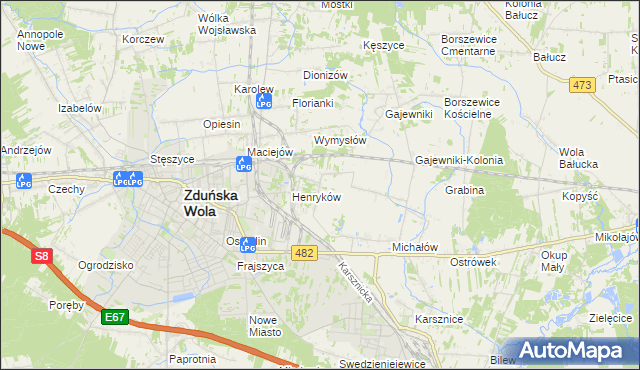 mapa Biały Ług gmina Zduńska Wola, Biały Ług gmina Zduńska Wola na mapie Targeo