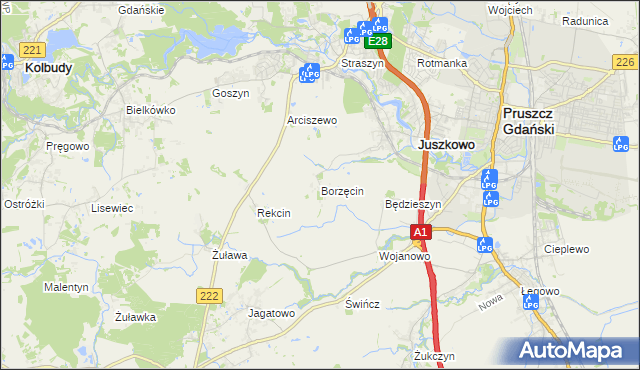 mapa Borzęcin gmina Pruszcz Gdański, Borzęcin gmina Pruszcz Gdański na mapie Targeo