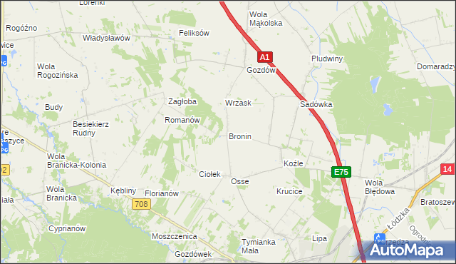 mapa Bronin gmina Stryków, Bronin gmina Stryków na mapie Targeo