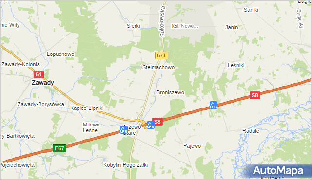 mapa Broniszewo gmina Tykocin, Broniszewo gmina Tykocin na mapie Targeo