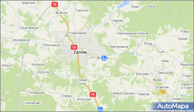 mapa Bronów gmina Żarnów, Bronów gmina Żarnów na mapie Targeo