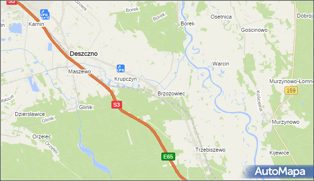 mapa Brzozowiec gmina Deszczno, Brzozowiec gmina Deszczno na mapie Targeo