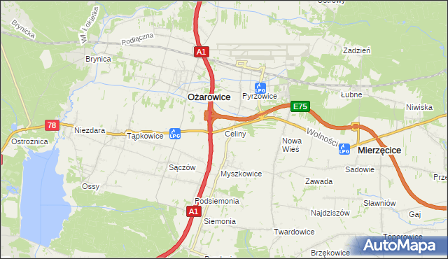 mapa Celiny gmina Ożarowice, Celiny gmina Ożarowice na mapie Targeo