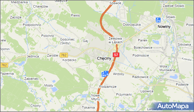 mapa Chęciny powiat kielecki, Chęciny powiat kielecki na mapie Targeo