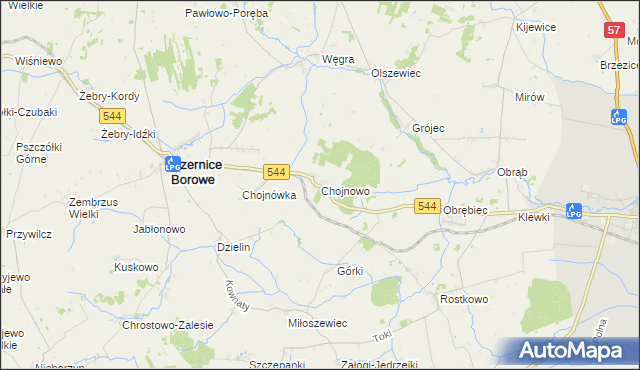 mapa Chojnowo gmina Czernice Borowe, Chojnowo gmina Czernice Borowe na mapie Targeo