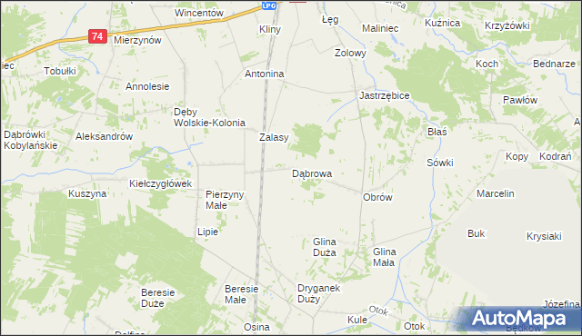 mapa Dąbrowa gmina Kiełczygłów, Dąbrowa gmina Kiełczygłów na mapie Targeo