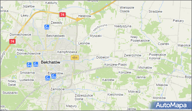 mapa Dobiecin gmina Bełchatów, Dobiecin gmina Bełchatów na mapie Targeo