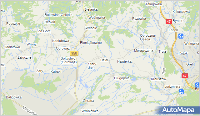 mapa Dział gmina Czarny Dunajec, Dział gmina Czarny Dunajec na mapie Targeo