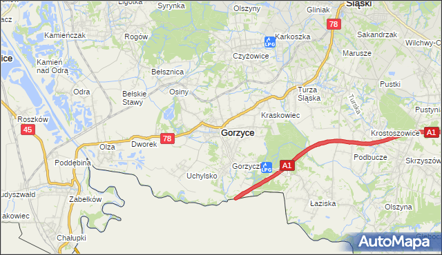 mapa Gorzyce powiat wodzisławski, Gorzyce powiat wodzisławski na mapie Targeo